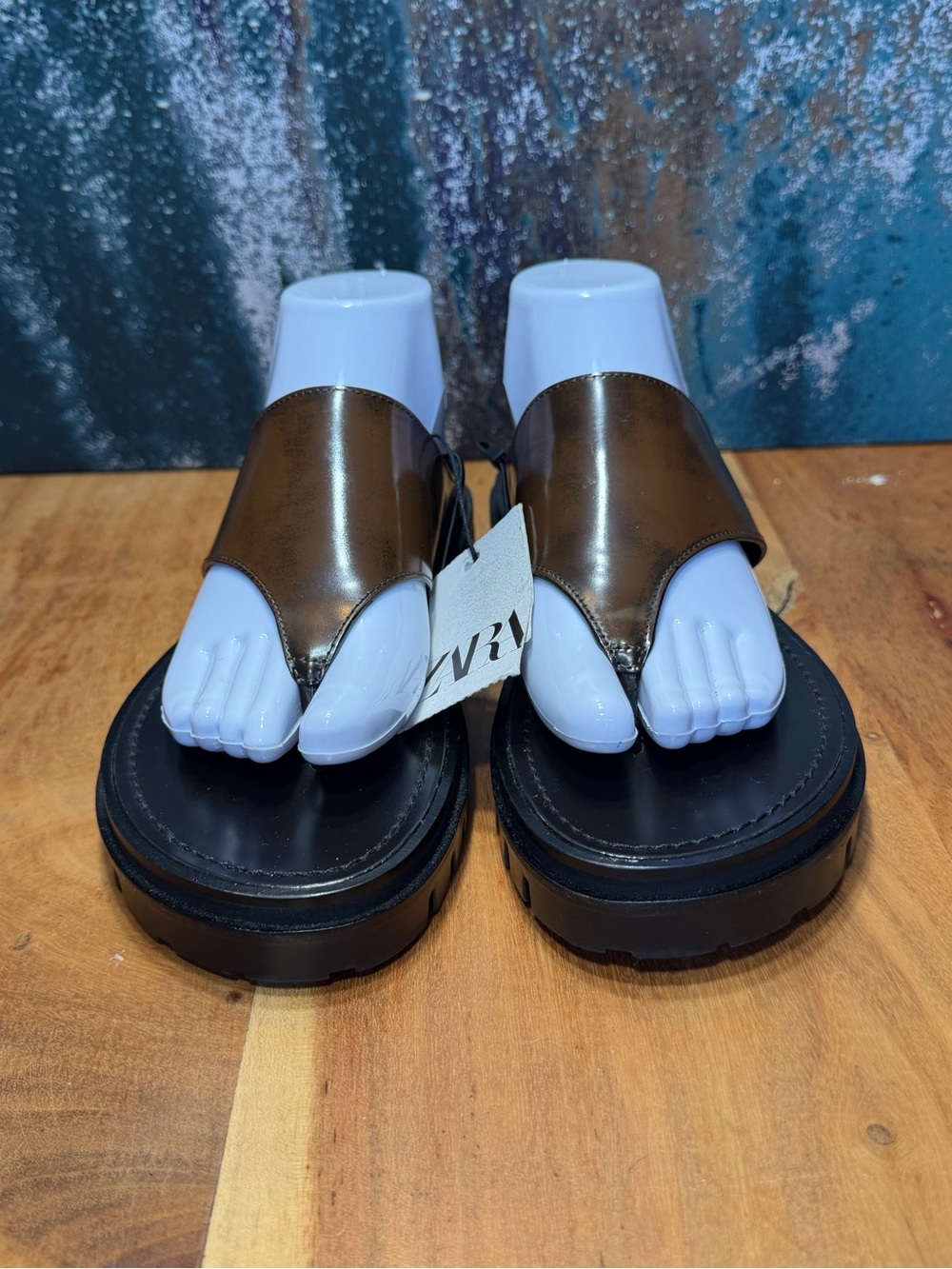 Zara Deadstock Leather‎ Track Sole Thong Slide Sandals Brown NWT Size 7.5 - Picture 2 of 10